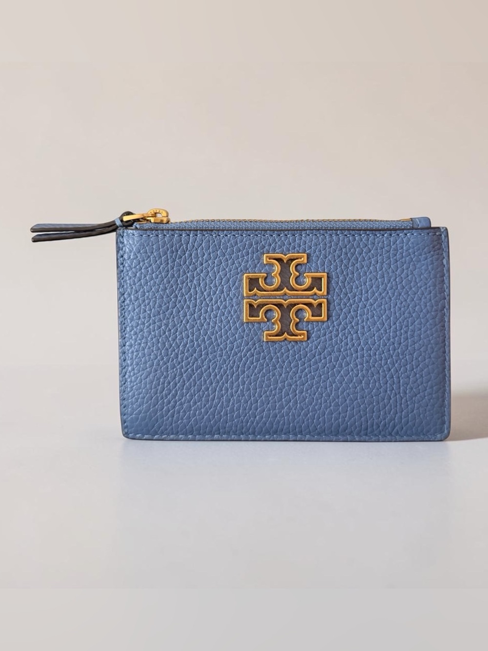 Tory Burch Britten Zip Card Case Light Blue Pebbled Leather Gold Hardware Wallet